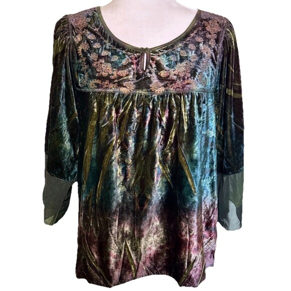 One World Women’s Velvet Peasant Fairycore Forest Gypsy Embroidered Top Size Lg - Picture 1 of 7